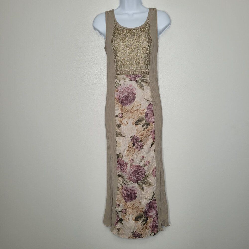 Vintage 90s tan pink floral mixed media romantic feminine maxi dress size 8